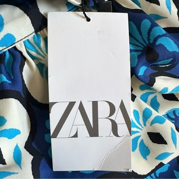 Zara Retro Belted Mini Dress XS NWT Blue 60s 70s Mod Print Long Sleeve High Neck - Picture 8 of 12